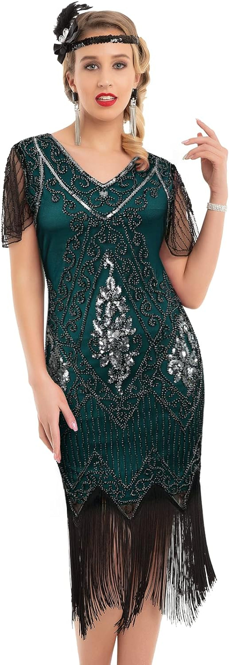 1920S Sequins Art Deco Gatsby Cocktail Dress with Sleeve