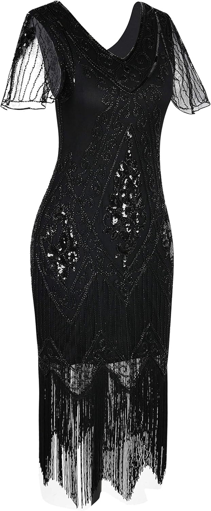 1920S Sequins Art Deco Gatsby Cocktail Dress with Sleeve