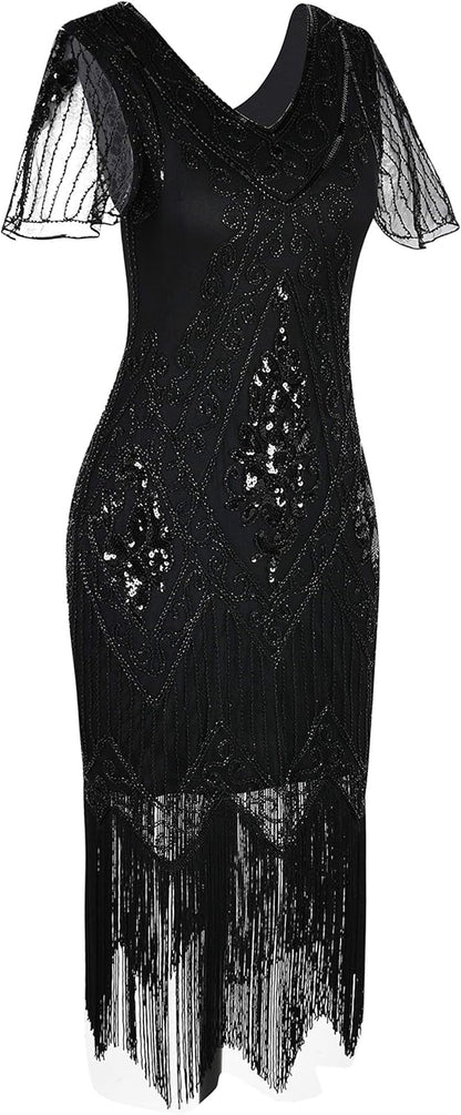 1920S Sequins Art Deco Gatsby Cocktail Dress with Sleeve