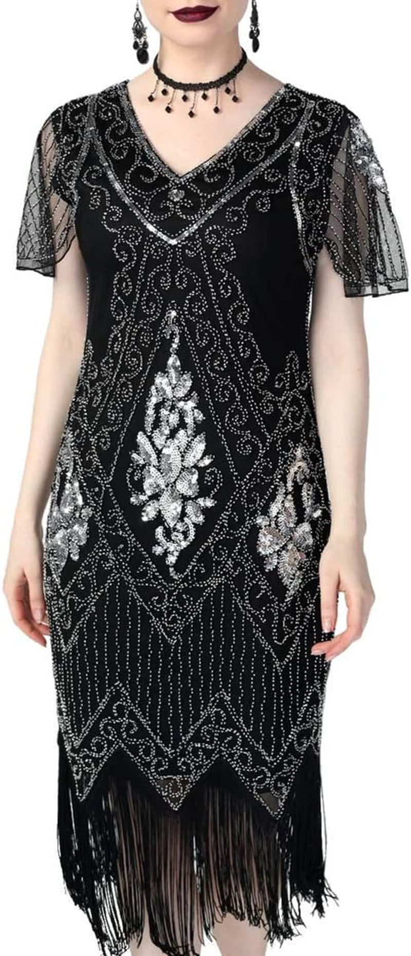 1920S Sequins Art Deco Gatsby Cocktail Dress with Sleeve
