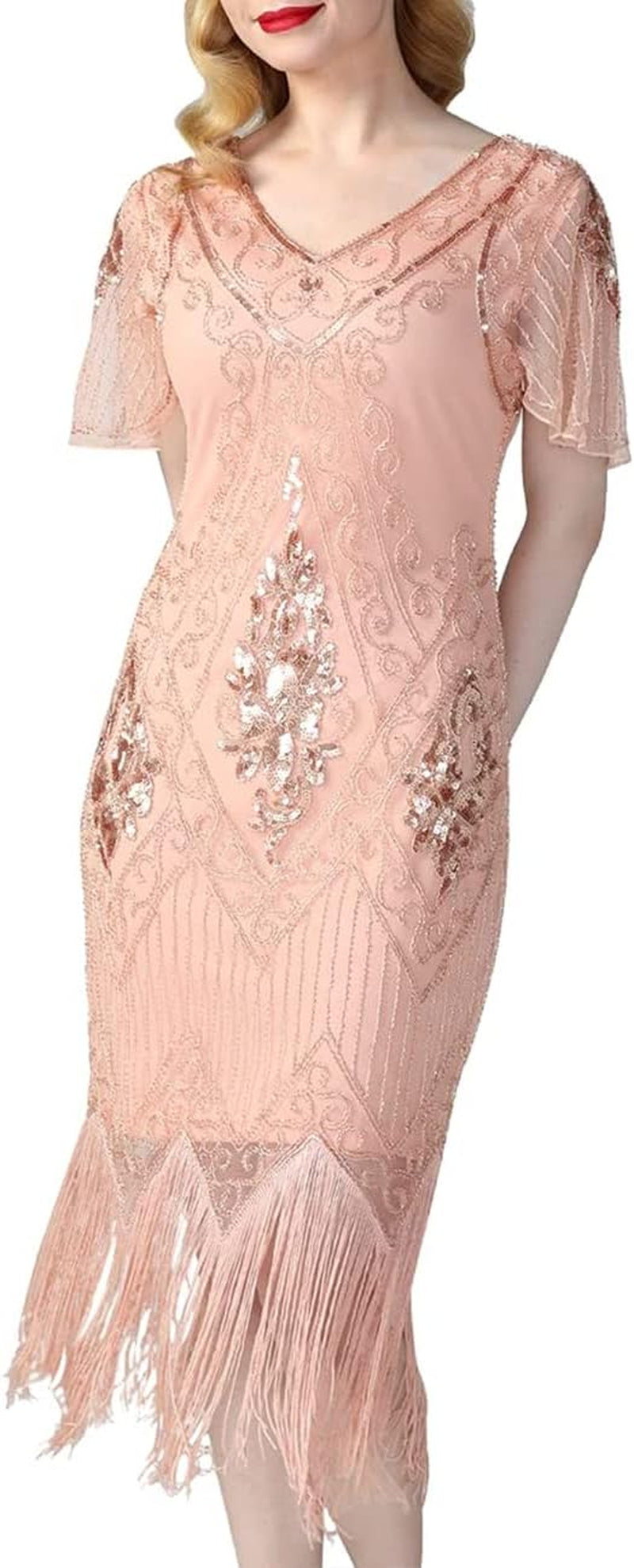 1920S Sequins Art Deco Gatsby Cocktail Dress with Sleeve