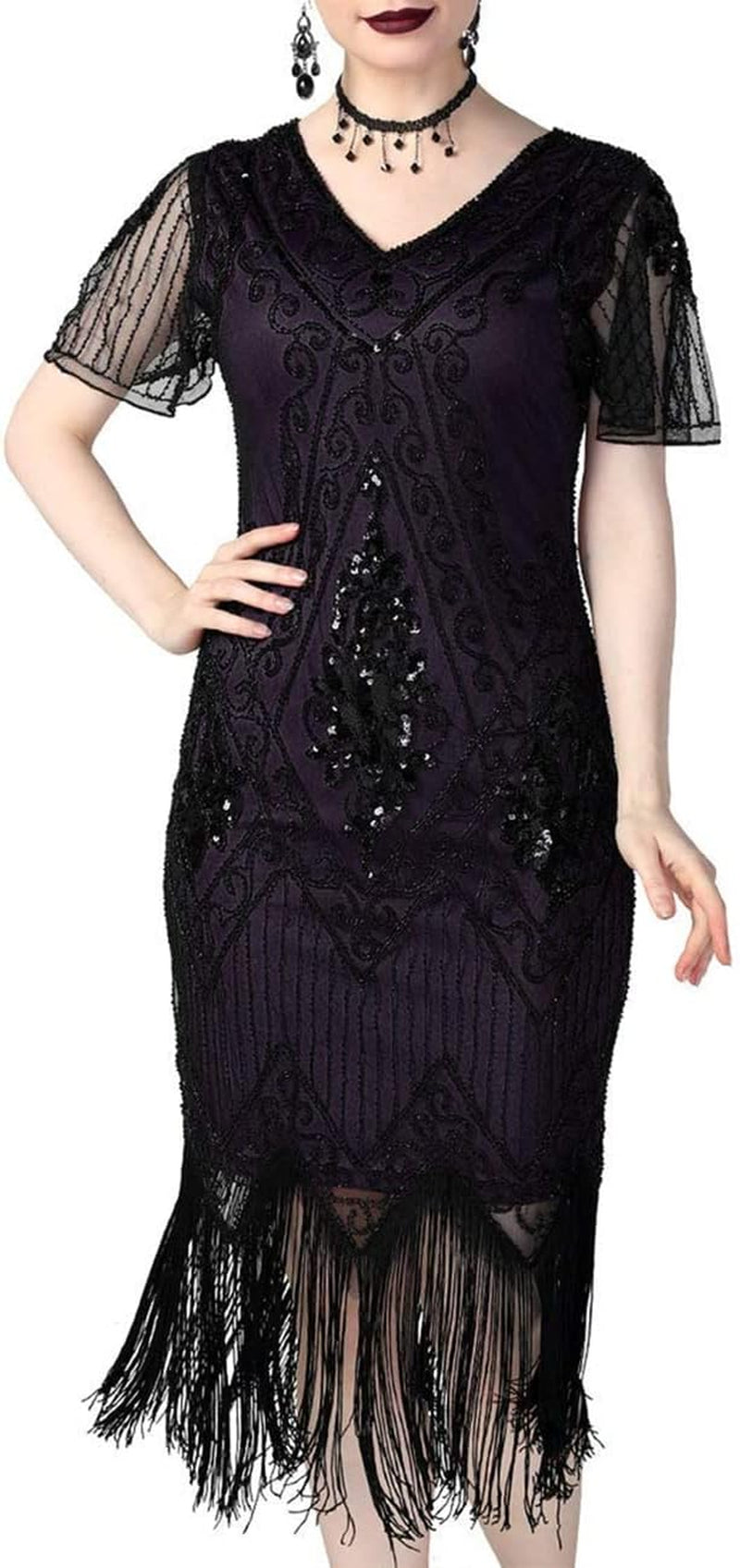 1920S Sequins Art Deco Gatsby Cocktail Dress with Sleeve