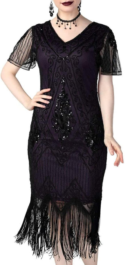 1920S Sequins Art Deco Gatsby Cocktail Dress with Sleeve