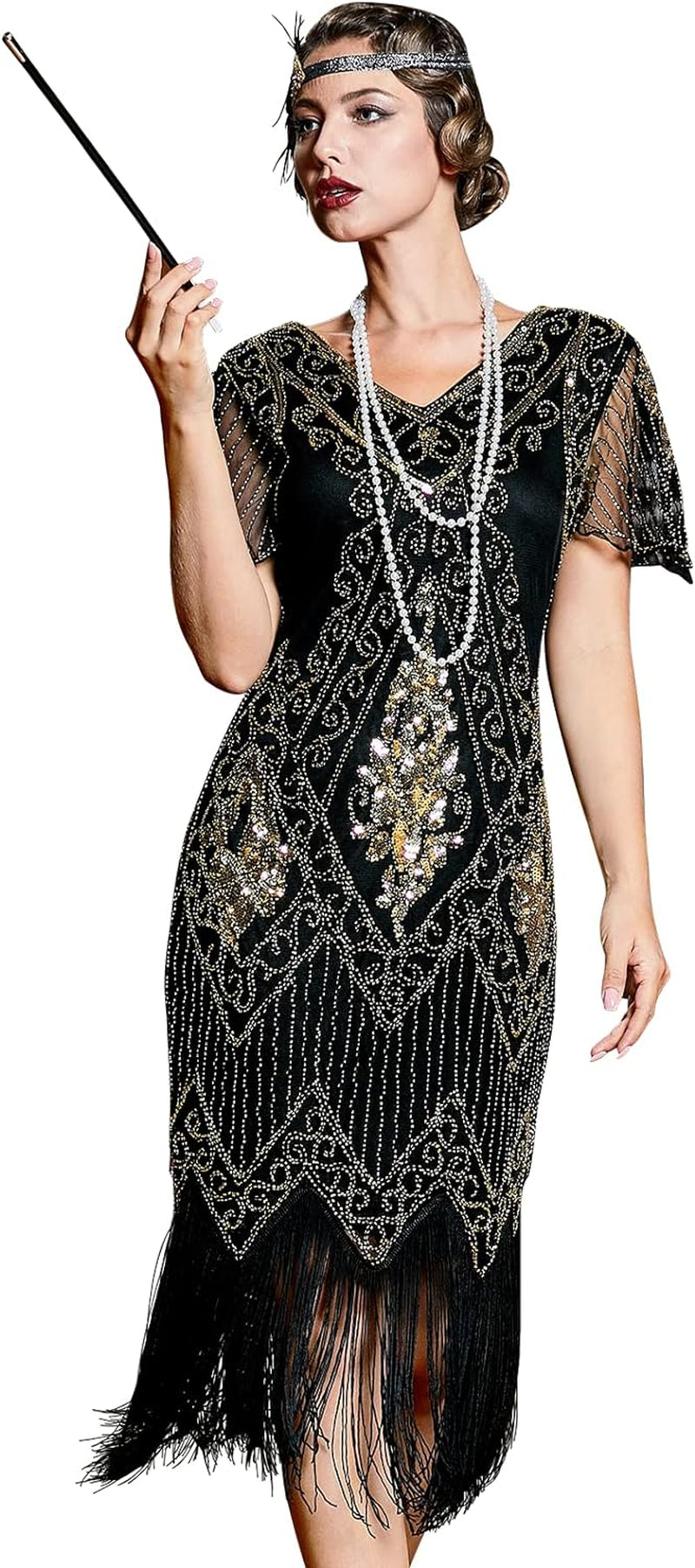 1920S Sequins Art Deco Gatsby Cocktail Dress with Sleeve
