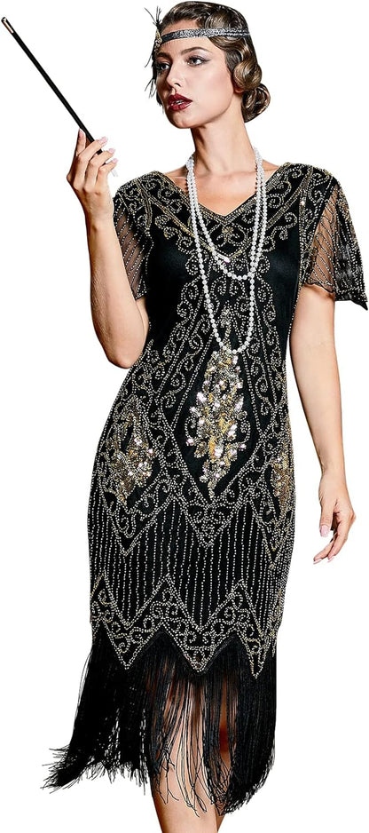 1920S Sequins Art Deco Gatsby Cocktail Dress with Sleeve