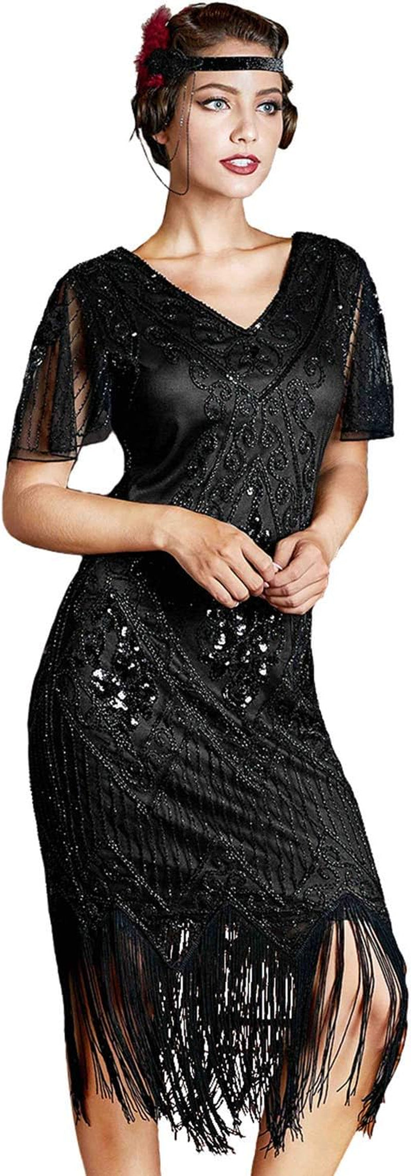 1920S Sequins Art Deco Gatsby Cocktail Dress with Sleeve
