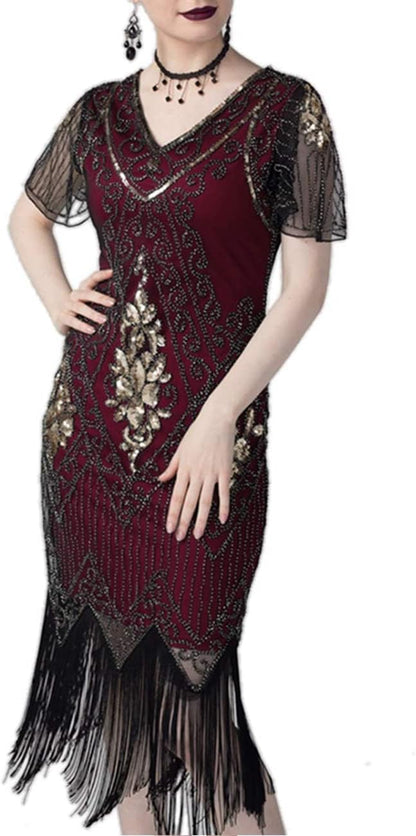 1920S Sequins Art Deco Gatsby Cocktail Dress with Sleeve