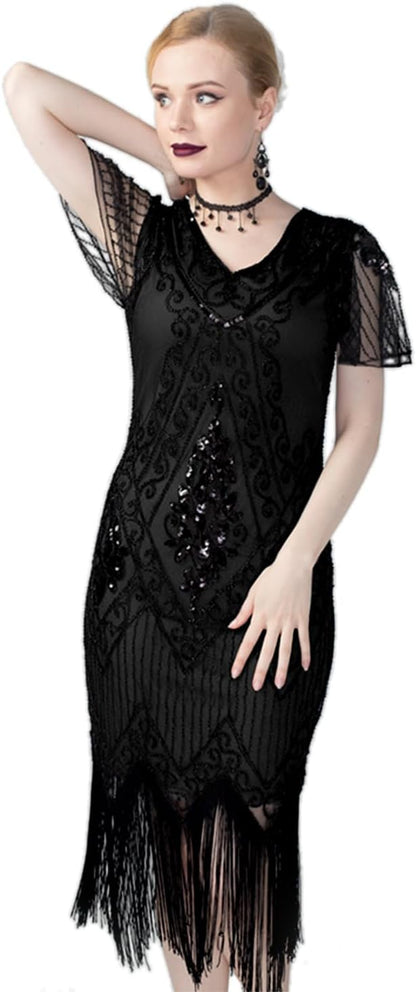 1920S Sequins Art Deco Gatsby Cocktail Dress with Sleeve