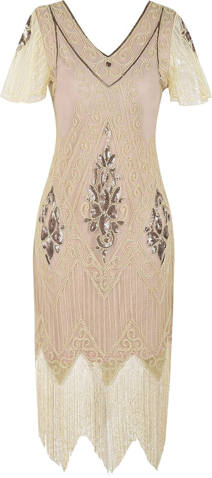 1920S Sequins Art Deco Gatsby Cocktail Dress with Sleeve
