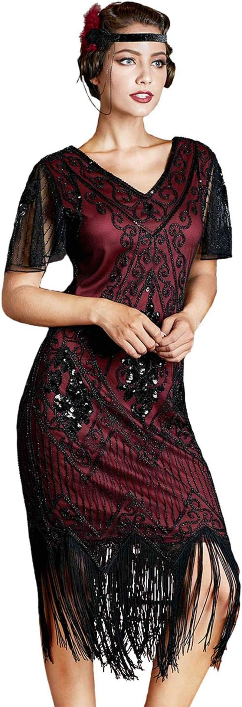 1920S Sequins Art Deco Gatsby Cocktail Dress with Sleeve