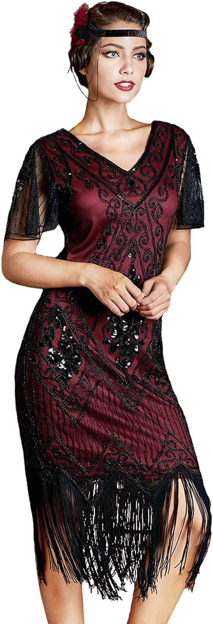 1920S Sequins Art Deco Gatsby Cocktail Dress with Sleeve