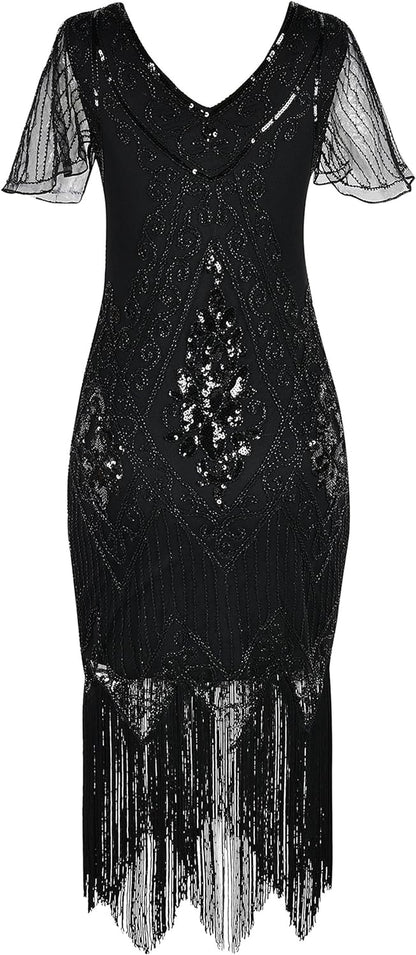 1920S Sequins Art Deco Gatsby Cocktail Dress with Sleeve
